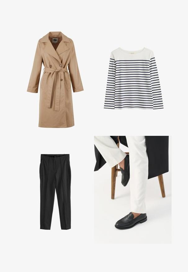 Beige trenchcoat met een dubbelgebreide ontwerp, grote kraag, strikceintuur en zijzakken. Gemaakt van een gladde, lichte stof.; Langärmbla top van biologisch katoen met een witte achtergrond en marineblauwe horizontale strepen. Ronde halslijn, relaxte pasvorm, geen zichtbare accenten.; Zwarte broeken met een gladde textuur, voorzien van ritszakken aan de voorkant en duidelijke plooien. Minimalistisch ontwerp met een getailleerde pasvorm.; Persoon die zwarte leren loafers en witte broek draagt, zittend op een houten kruk tegen een witte achtergrond.