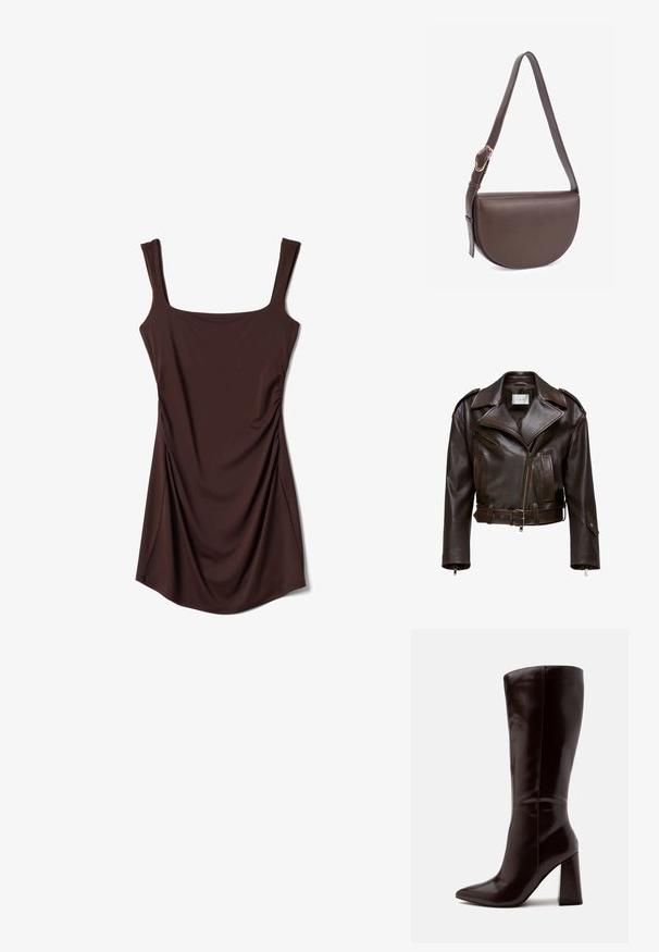 Chaqueta de cuero marrón recortada con un amplio collar, cierre de cremallera frontal, múltiples bolsillos y cinturón ajustable. Presenta herrajes metálicos y una textura suave.; Vestido sin mangas de color marrón oscuro con tirantes anchos y escote cuadrado, con ligeros fruncidos laterales y un acabado de tela suave.; Bota alta de cuero marrón oscuro con puntera puntiaguda y tacón ancho sobre un fondo claro y liso.; Bolso bandolera de cuero marrón con forma curva, correa ajustable y detalle de herrajes dorados. Textura suave y diseño minimalista.