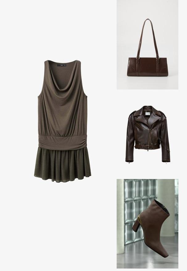 Veste en cuir marron, courte, avec un large col, fermeture éclair à l'avant, plusieurs poches et une ceinture ajustable. Présente des finitions métalliques et une texture lisse.; Robe sans manches vert olive avec encolure drapée, taille cintrée et ourlet de jupe plissé, présentée sur fond blanc uni.; Bottine en daim marron à talon bloc avec un accent doré sur un sol gris réfléchissant près d'un mur en blocs de verre.; Sac à main en cuir verni marron de forme rectangulaire, avec deux longues poignées et des accents courbés subtils à l'avant.