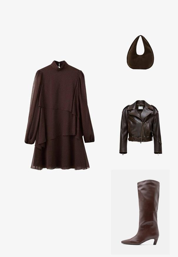 Veste en cuir marron, courte, avec un large col, fermeture éclair à l'avant, plusieurs poches et une ceinture ajustable. Présente des finitions métalliques et une texture lisse.; Robe marron foncé à manches longues avec ourlet asymétrique en couches, col montant avec fermeture bouton à découpe en goutte, et motif à petits pois subtil.; Botte en cuir brun montant jusqu'au genou, avec un bout pointu et un talon effilé. Texture lisse avec un design élégant et minimaliste.; Sac à main en daim marron foncé en forme de croissant avec une seule sangle large et une texture lisse sur fond blanc.