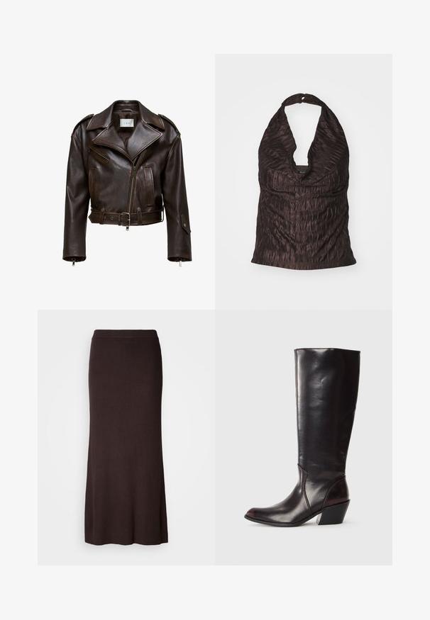 Veste en cuir marron, courte, avec un large col, fermeture éclair à l'avant, plusieurs poches et une ceinture ajustable. Présente des finitions métalliques et une texture lisse.; Top à encolure halter froncé en marron foncé, présentant un décolleté en V profond et un tissu lisse et texturé avec un léger éclat.; Jupe droite en tricot côtelé, de couleur marron foncé, longueur cheville, avec une taille haute, présentée sur un fond blanc.; Botte en cuir brun foncé, à hauteur de genou, avec un bout pointu, un talon bloc angulaire et une texture lisse et brillante. Présente un design épuré et des détails de couture.