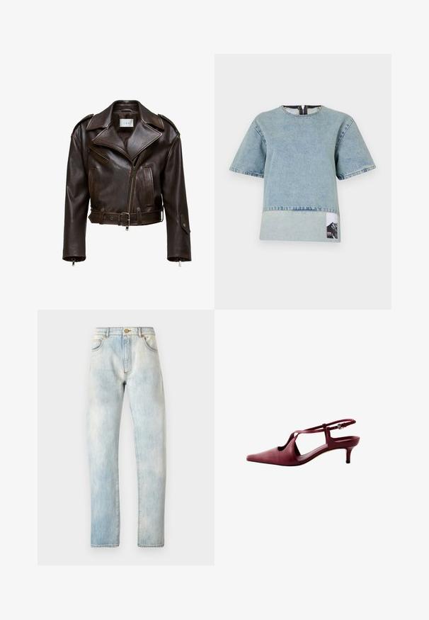 Chaqueta de cuero marrón recortada con un amplio collar, cierre de cremallera frontal, múltiples bolsillos y cinturón ajustable. Presenta herrajes metálicos y una textura suave.; Camiseta de denim azul claro con mangas cortas, escote redondeado, panel inferior de contraste y una etiqueta gráfica de montaña en el lado izquierdo.; Vaqueros de denim azul claro con corte recto, cinco bolsillos y cierre de botón. Textura desgastada en todo el pantalón, con costuras detalladas en las costuras.; Zapato tipo slingback de piel burdeos con tacón kitten, puntera puntiaguda y tiras estrechas, con una pequeña hebilla plateada en la correa del tobillo.