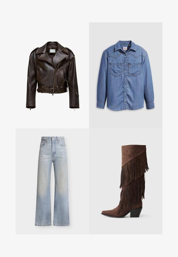 Veste en cuir marron, courte, avec un large col, fermeture éclair à l'avant, plusieurs poches et une ceinture ajustable. Présente des finitions métalliques et une texture lisse.; Chemise en denim bleu clair avec un col pointu, deux poches poitrine et des boutons-pression. Présente une coupe western avec un empiècement à l'épaule.; Jean large à taille haute bleu clair avec fermeture à boutons et fermeture éclair à l'avant, poches avant et détails subtils délavés.; Botte en daim marron jusqu'au genou avec des franges superposées, bout pointu et talon carré. Texture lisse avec un riche contraste de couleurs.