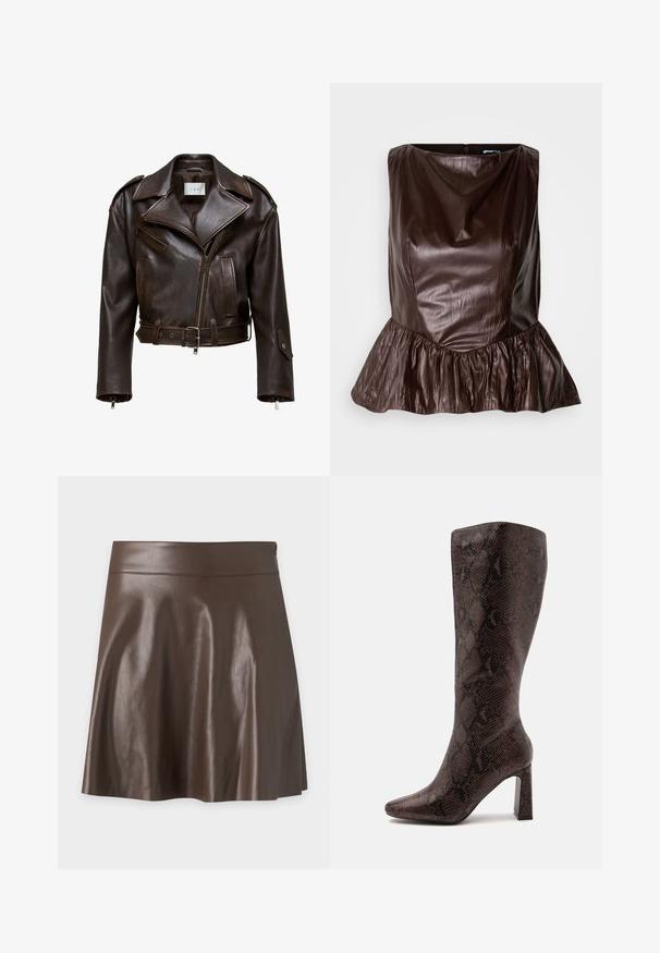 Veste en cuir marron, courte, avec un large col, fermeture éclair à l'avant, plusieurs poches et une ceinture ajustable. Présente des finitions métalliques et une texture lisse.; Haut peplum en cuir marron avec un col rond, une surface texturée et un volant évasé au niveau de l'ourlet. Design épuré et minimaliste.; Jupe trapèze en cuir synthétique marron foncé avec une taille haute et une texture lisse légèrement brillante.; Botte haute marron foncé avec texture peau de serpent, bout pointu et talon haut bloc sur fond blanc.