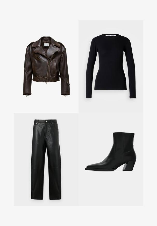 Chaqueta de cuero marrón recortada con un amplio collar, cierre de cremallera frontal, múltiples bolsillos y cinturón ajustable. Presenta herrajes metálicos y una textura suave.; Top negro de manga larga hecho de tela acanalada. Presenta un escote redondo y un corte ajustado. Sin patrones ni adornos. Diseño simple.; Pantalones rectos de cintura alta de cuero sintético negro con botón delantero, cremallera, trabillas para cinturón y bolsillos laterales sobre fondo liso.; Bota de tobillo de cuero negro con punta afilada, una silueta elegante y un tacón cuadrado grueso. Textura suave con detalles de costura mínimos.