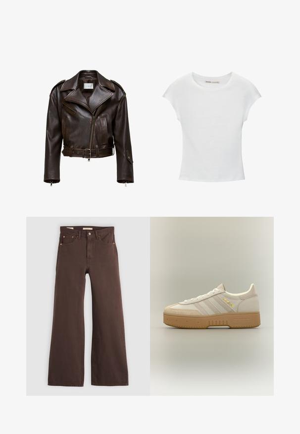 Veste en cuir marron, courte, avec un large col, fermeture éclair à l'avant, plusieurs poches et une ceinture ajustable. Présente des finitions métalliques et une texture lisse.; T-shirt en coton blanc avec manches courtes retroussées, encolure ronde et ourlet droit. Texture lisse sans motifs ni accents visibles.; Jeans marron à jambes larges, taille haute, cinq poches, et fermeture par bouton, posés à plat sur un fond clair.; Baskets Adidas crème et beige avec semelle en gomme, trois bandes sur le côté et "SPECIAL" écrit en or près des lacets.