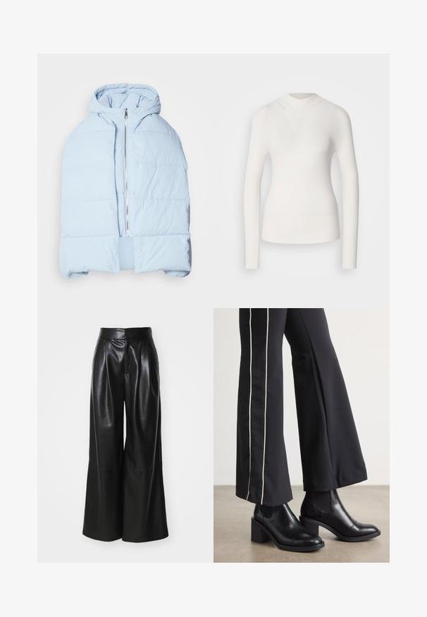 Hellblau, gefütterte Daunenjacke mit Kapuze, ausgestattet mit einem metallischen Reißverschluss, die über gesteppten Einsätzen und ein offenes Frontdesign verfügt. Weiches, strukturiertes Material.; Weißes Langarmoberteil mit hohem Kragen, gerippter Textur und tailliertem Schnitt. Verfügt über einen nahtlosen Look und eine subtile V-Form an der Vorderseite.; Schwarze Kunstleder-Hosen mit weit geschnittenem Bein, hoher Taille, plissierter Vorderseite und glatter Textur. Verfügt über ein sauberes, minimalistisches Design.; Schwarze Lederstiefeletten mit einem Blockabsatz, ausgestattet mit elastischen seitlichen Einsätzen. Kombiniert mit schwarzen Hosen, die einen weißen Seitenstreifen haben.