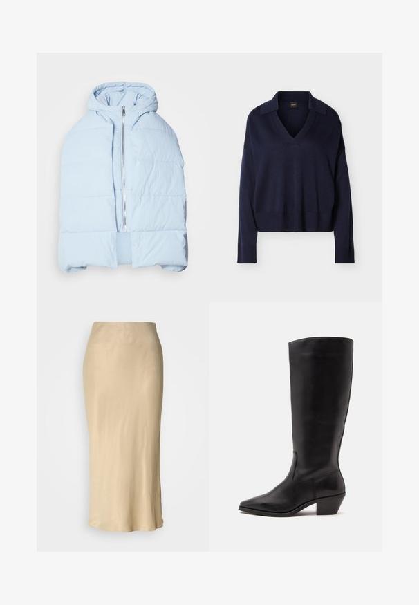 Veste en duvet à capuche bleu clair avec une fermeture éclair métallique, présentant des panneaux matelassés et un design à l'avant ouvert. Tissu doux et texturé.; Pull bleu marine à manches longues avec col en V, col, poignets et ourlet côtelés, présenté sur fond blanc uni.; Jupe midi en satin beige avec une texture lisse et brillante. Taille ajustée avec un ourlet évasé, présentant un design minimaliste et sans motifs visibles.; Botte en cuir noire mi-mollet avec un bout pointu et un talon bas incliné sur un fond clair uni.