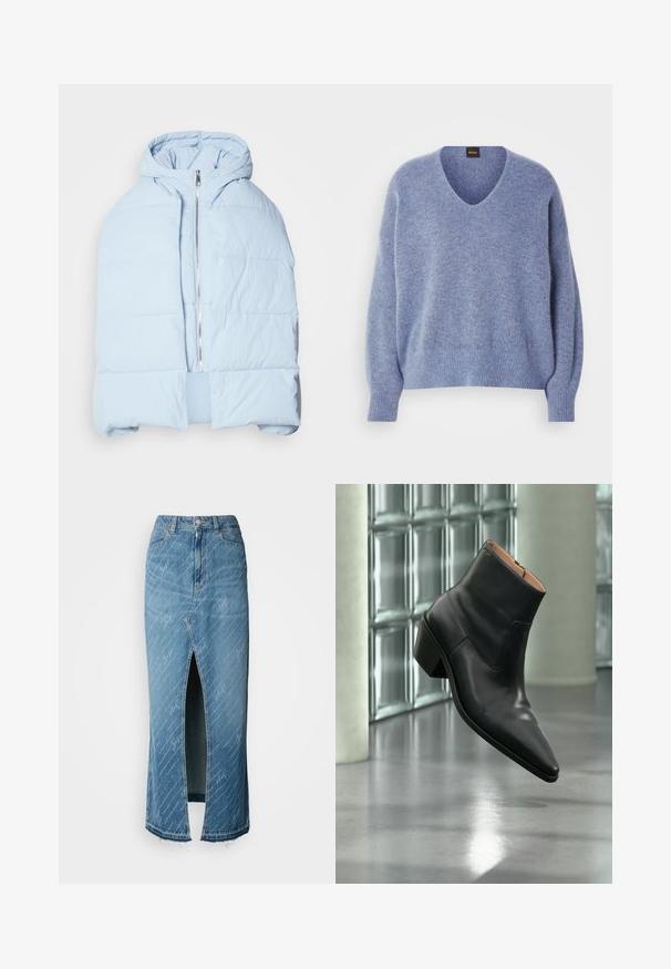 Hellblau, gefütterte Daunenjacke mit Kapuze, ausgestattet mit einem metallischen Reißverschluss, die über gesteppten Einsätzen und ein offenes Frontdesign verfügt. Weiches, strukturiertes Material.; Hellblauer Strickpullover mit V-Ausschnitt, fallenden Schultern sowie gerippten Bündchen und Saum. Weiche Textur, entworfen für eine lässige Passform.; Blaue Jeans-Midirock mit einem vorderen Schlitz, verblasster Textur und weißen Schriftmustern. Mit klassischem Taillenbund und ausgefranstem Saum.; Schwarzer Leder-Stiefelette mit spitzer Schuhspitze und Blockabsatz, der über einem reflektierenden grauen Boden nahe einer Glassteinwand schwebt.