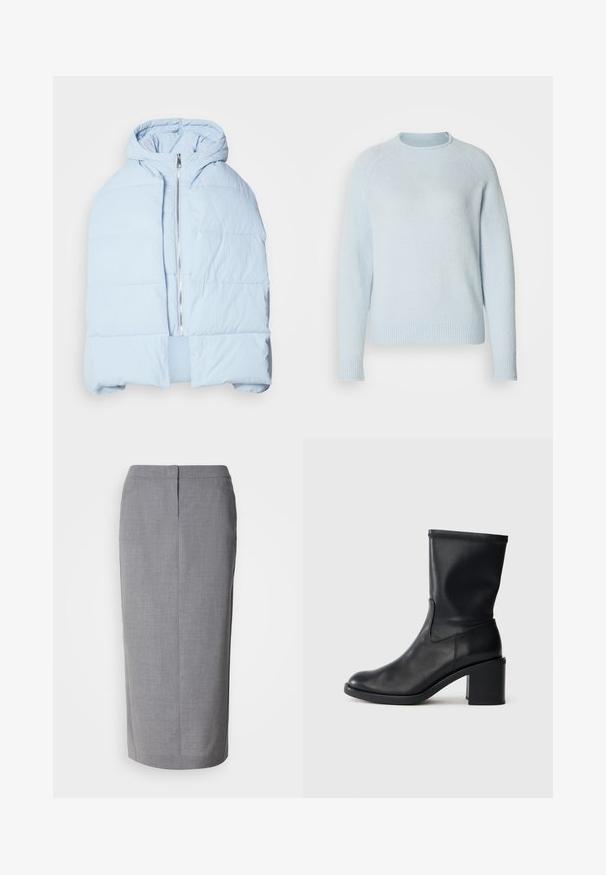 Veste en duvet à capuche bleu clair avec une fermeture éclair métallique, présentant des panneaux matelassés et un design à l'avant ouvert. Tissu doux et texturé.; Pull bleu clair en matériau doux avec un col rond et des poignets et un ourlet côtelés. Doté d'un design simple et classique.; Jupe crayon grise en tissu texturé, dotée d'une coupe droite, d'une fente au dos et d'une fermeture éclair dissimulée à l'arrière.; Botte en cuir noir à cheville avec un bout rond, texture lisse et un talon épais, présentant un tige ajustée et un subtil détail de couture.
