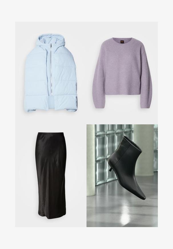 Hellblau, gefütterte Daunenjacke mit Kapuze, ausgestattet mit einem metallischen Reißverschluss, die über gesteppten Einsätzen und ein offenes Frontdesign verfügt. Weiches, strukturiertes Material.; Hellpurpurener Strickpullover mit rundem Ausschnitt, überschnittenen Schultern und gerippter Textur. Verfügt über ein dezentes Stichmuster entlang der Nähte.; Schwarzer Satinrock mit glatter Textur. Bodendeckendes Design mit schmaler Taille und leichtem Auslad an dem Saum. Keine sichtbaren Muster oder Beschläge.; Schwarzer Leder-Stiefelette mit spitzer Zehenpartie und niedrigem Kitten-Heel, schräg dargestellt vor einem polierten Boden und einer Glasbausteinwand.