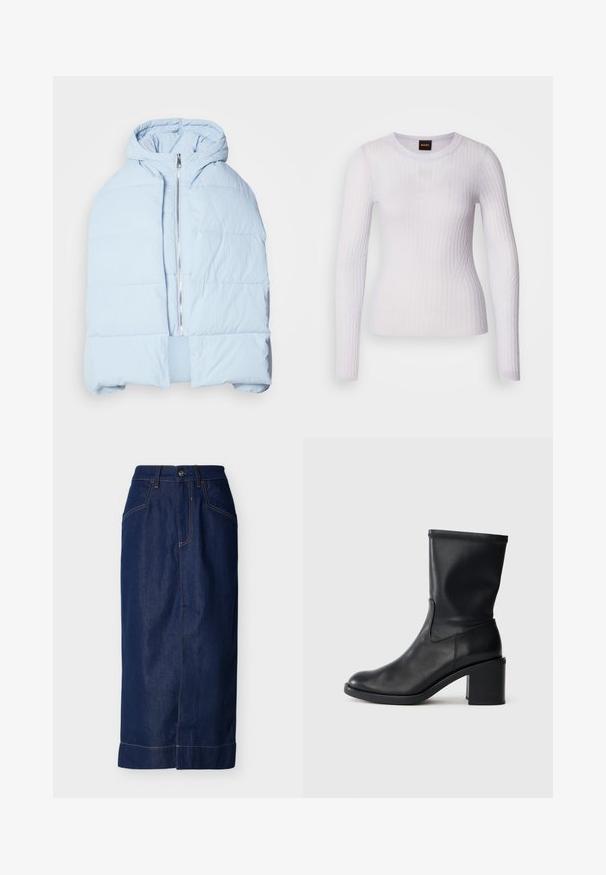 Hellblau, gefütterte Daunenjacke mit Kapuze, ausgestattet mit einem metallischen Reißverschluss, die über gesteppten Einsätzen und ein offenes Frontdesign verfügt. Weiches, strukturiertes Material.; Weißes Langarmshirt aus geripptem Stoff; verfügt über einen runden Ausschnitt und ein eng anliegendes Design mit subtiler Textur und Nahtdetails.; Dunkelblauer Jeansrock mit gerader Passform, Fronttaschen, sichtbaren Nähten und am Saum umgeschlagen.; Schwarze Leder-Ankle Boots mit runder Zehenform, glatter Oberfläche und dicker Absatz, ausgestattet mit einem eng anliegenden Schaft und subtilen Nähten.
