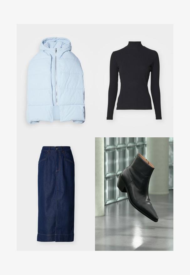 Hellblau, gefütterte Daunenjacke mit Kapuze, ausgestattet mit einem metallischen Reißverschluss, die über gesteppten Einsätzen und ein offenes Frontdesign verfügt. Weiches, strukturiertes Material.; Schwarzes, geripptes Rollkragenoberteil mit langen Ärmeln. Aus dehnbarem Stoff mit figurbetonter Passform und hohem Kragen. Einfaches Design ohne Verzierungen.; Dunkelblauer Jeansrock mit gerader Passform, Fronttaschen, sichtbaren Nähten und am Saum umgeschlagen.; Schwarzer Leder-Stiefelette mit spitzer Schuhspitze und Blockabsatz, der über einem reflektierenden grauen Boden nahe einer Glassteinwand schwebt.