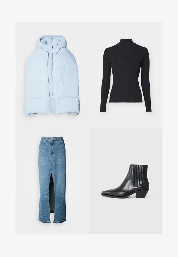 Lys blå, hættetrøje pufferjakke med en metallisk lynlås, der har quiltede paneler og et åbent frontdesign. Blødt, tekstureret stof.; Sort ribbet turtle-sweater med lange ærmer. Lavet af strækbart stof med en tætsiddende pasform og høj krave. Enkel design uden udsmykninger.; Blå denim midi-nederdel med en frontslid, falmet tekstur og hvidt skriftmønster. Har et klassisk taljebånd og frynset kant.; Sorte læder ankelstøvle med spids tå, elastiske sidepaneler med lodrette riller og en lav blokhæl. Glat tekstur og slankt design.