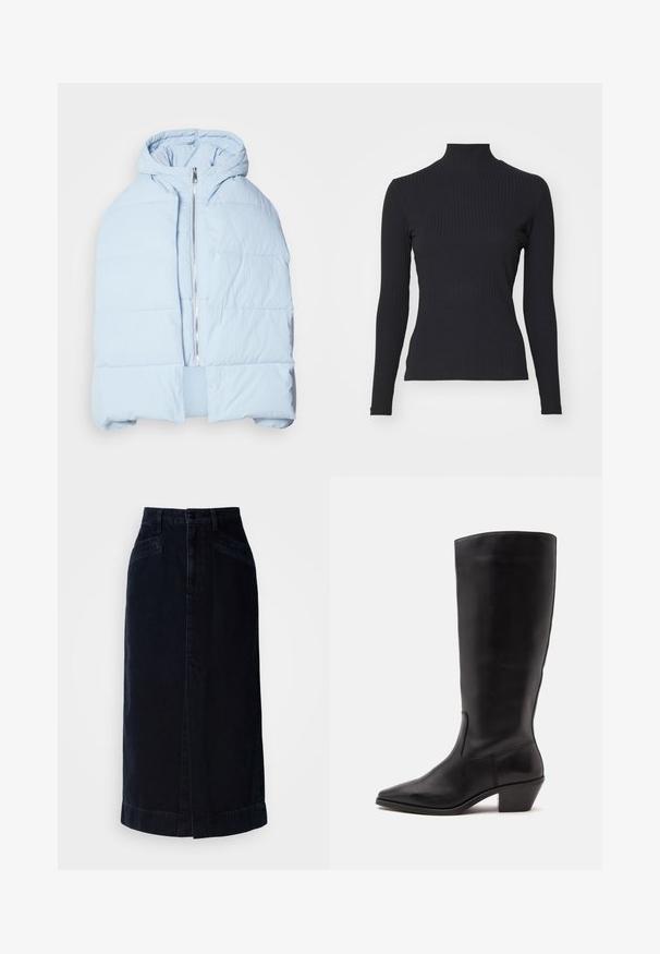 Hellblau, gefütterte Daunenjacke mit Kapuze, ausgestattet mit einem metallischen Reißverschluss, die über gesteppten Einsätzen und ein offenes Frontdesign verfügt. Weiches, strukturiertes Material.; Schwarzes, geripptes Rollkragenoberteil mit langen Ärmeln. Aus dehnbarem Stoff mit figurbetonter Passform und hohem Kragen. Einfaches Design ohne Verzierungen.; Dunkelblaue Denim-Midikleid mit hoher Taille, vorderem Knopfverschluss und seitlichen Taschen; hat einen geraden Schnitt und dezente Saumdetails.; Schwarzer Lederstiefel bis zur Wade mit spitzer Spitze und niedrigem schrägem Absatz vor einfachem hellem Hintergrund.