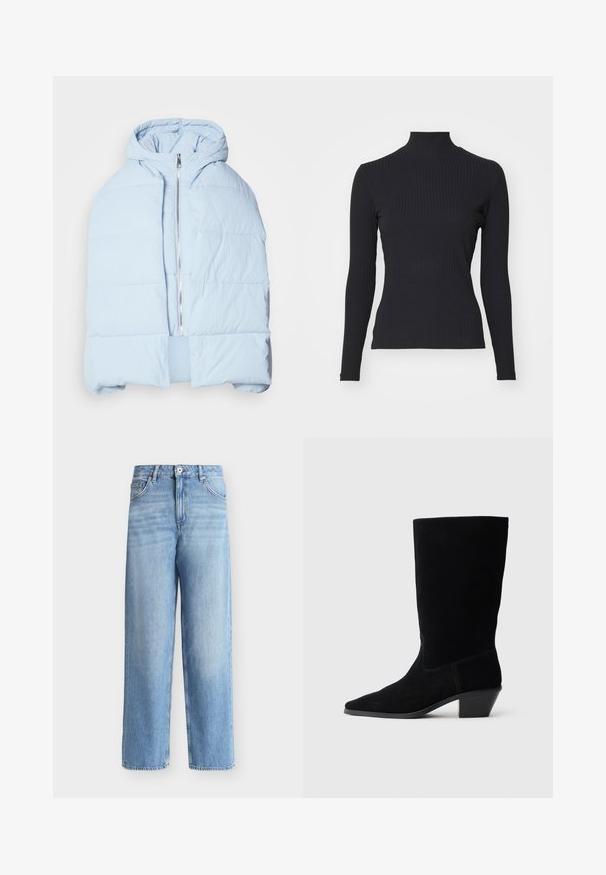 Hellblau, gefütterte Daunenjacke mit Kapuze, ausgestattet mit einem metallischen Reißverschluss, die über gesteppten Einsätzen und ein offenes Frontdesign verfügt. Weiches, strukturiertes Material.; Schwarzes, geripptes Rollkragenoberteil mit langen Ärmeln. Aus dehnbarem Stoff mit figurbetonter Passform und hohem Kragen. Einfaches Design ohne Verzierungen.; Hellblaue, hochtaillierte Jeans mit geradem Bein, vorne mit Knopf- und Reißverschluss sowie Gürtelschlaufen und Vordertaschen vor weißem Hintergrund.; Schwarze Wildleder Stiefelette mit spitzer Zehe, mittelhohem Schaft und einem chunky Absatz. Verfügt über minimale Nähte und eine glatte Textur.