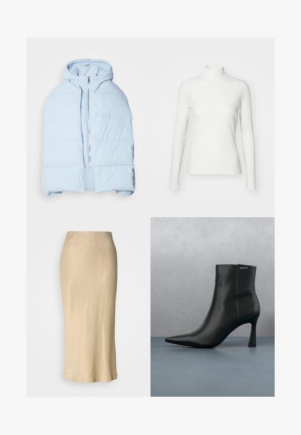 Veste en duvet à capuche bleu clair avec une fermeture éclair métallique, présentant des panneaux matelassés et un design à l'avant ouvert. Tissu doux et texturé.; Haut col roulé blanc à côtes avec des manches longues, fabriqué en tissu extensible. Présente un design ajusté et un encolure haute pour plus de couverture.; Jupe midi en satin beige avec une texture lisse et brillante. Taille ajustée avec un ourlet évasé, présentant un design minimaliste et sans motifs visibles.; Bottine en cuir noir avec un bout pointu et un talon géométrique. Présente un branding subtil et une texture lisse. L'arrière-plan est constitué de carreaux texturés.
