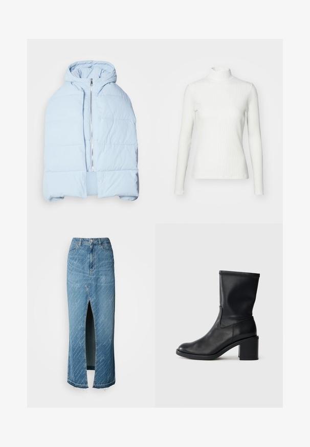 Hellblau, gefütterte Daunenjacke mit Kapuze, ausgestattet mit einem metallischen Reißverschluss, die über gesteppten Einsätzen und ein offenes Frontdesign verfügt. Weiches, strukturiertes Material.; Weißes geripptes Turtleneck-Oberteil mit langen Ärmeln, aus elastischem Stoff. Verfügt über ein enganliegendes Design und einen hohen Kragen für zusätzlichen Schutz.; Blaue Jeans-Midirock mit einem vorderen Schlitz, verblasster Textur und weißen Schriftmustern. Mit klassischem Taillenbund und ausgefranstem Saum.; Schwarze Leder-Ankle Boots mit runder Zehenform, glatter Oberfläche und dicker Absatz, ausgestattet mit einem eng anliegenden Schaft und subtilen Nähten.