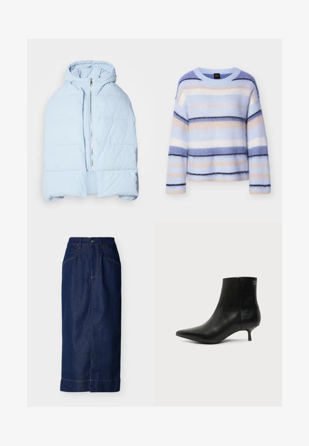 Veste en duvet à capuche bleu clair avec une fermeture éclair métallique, présentant des panneaux matelassés et un design à l'avant ouvert. Tissu doux et texturé.; Pull rayé en bleu clair, rose pâle et bleu marine. Texture douce et moelleuse avec un col rond et des poignets côtelés. Léger et coupe décontractée.; Jupe en jean bleu foncé à coupe droite, avec poches avant, coutures apparentes et un ourlet replié en bas.; Bottine en cuir noir avec bout pointu et petit talon kitten sur fond clair, vue côté extérieur.