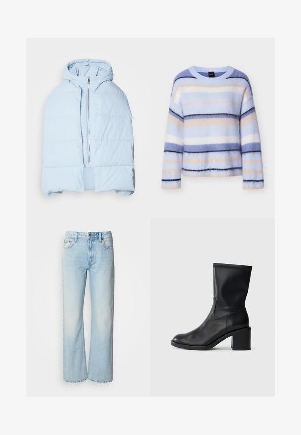 Veste en duvet à capuche bleu clair avec une fermeture éclair métallique, présentant des panneaux matelassés et un design à l'avant ouvert. Tissu doux et texturé.; Pull rayé en bleu clair, rose pâle et bleu marine. Texture douce et moelleuse avec un col rond et des poignets côtelés. Léger et coupe décontractée.; Jeans à jambes larges bleu clair en denim, présentant un design classique à cinq poches et une texture légèrement décolorée. La couture en denim est visible.; Botte en cuir noir à cheville avec un bout rond, texture lisse et un talon épais, présentant un tige ajustée et un subtil détail de couture.