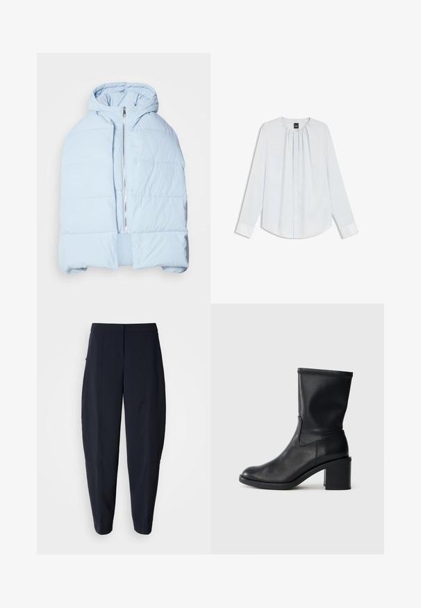 Hellblau, gefütterte Daunenjacke mit Kapuze, ausgestattet mit einem metallischen Reißverschluss, die über gesteppten Einsätzen und ein offenes Frontdesign verfügt. Weiches, strukturiertes Material.; Weiße Langarmbluse mit plissiertem Ausschnitt, verdeckten Frontknöpfen und Manschetten, flach auf weißem Hintergrund liegend.; Marineblaue, schmal zulaufende Hose mit mittelhohem Bund und seitlichen Taschen, mit dezenten Nahtdetails entlang der Beine.; Schwarze Leder-Ankle Boots mit runder Zehenform, glatter Oberfläche und dicker Absatz, ausgestattet mit einem eng anliegenden Schaft und subtilen Nähten.
