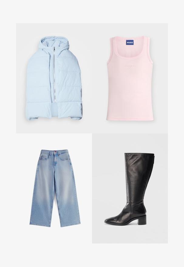 Hellblau, gefütterte Daunenjacke mit Kapuze, ausgestattet mit einem metallischen Reißverschluss, die über gesteppten Einsätzen und ein offenes Frontdesign verfügt. Weiches, strukturiertes Material.; Hellrosa ärmelloses Tanktop mit Rundhalsausschnitt, dezent geprägtem "hugo" Logo in der Mitte und blauem "HUGO" Markenschild im Kragen innen.; Hellblaue Jeans mit weitem Bein, vorderen Taschen, Gürtelschlaufen, Knopfverschluss und subtilen Used-Effekten an Oberschenkeln und Knien.; Schwarze Lederkniehohe Stiefel mit quadratischer Spitze, Blockabsatz und schlankem Design. Glatte Textur mit einem seitlichen Reißverschluss für einfaches Anziehen.
