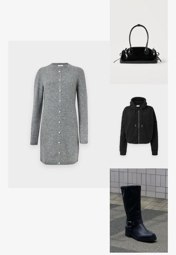 Sudadera corta negra hecha de forro polar texturizado. Presenta un cierre frontal con cremallera, capucha con cordón y puños acanalados. Sin patrones ni acentos adicionales.; Vestido de cárdigan gris hecho de un suave tejido de punto, con un escote redondo, mangas largas y cierres de botones de perla por el frente.; Bota negra de cuero hasta la mitad de la pantorrilla con un tacón bajo de bloque y una correa decorativa con hebilla metálica alrededor del tobillo, sobre un pavimento de baldosas.; Pequeño bolso negro brillante con dos asas largas y detalles de cordón lateral sobre un fondo claro liso.