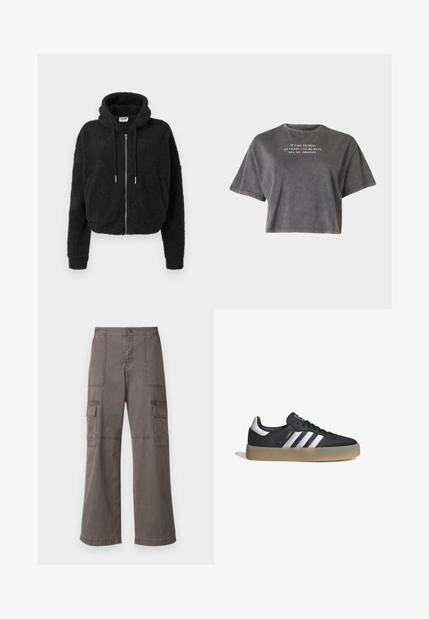 Sudadera corta negra hecha de forro polar texturizado. Presenta un cierre frontal con cremallera, capucha con cordón y puños acanalados. Sin patrones ni acentos adicionales.; Even&Odd by Zalando Camiseta estampada - black; Pantalones de carga grises de algodón con un diseño de pierna ancha, que cuentan con dos bolsillos delanteros, dos bolsillos laterales y detalles de costura visibles.; Zapatilla deportiva de cuero negro con tres rayas plateadas, punta texturizada y suela de goma. Cuenta con un collar acolchado y un diseño con cordones.