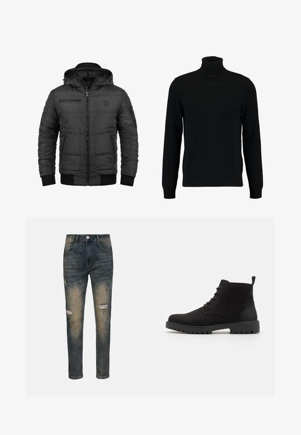 Veste noire matelassée avec fermeture éclair, capuche et poignets côtelés. Comprend deux poches latérales et une poche poitrine zippée. Texture lisse.; Un pull à col roulé noir en matière tricotée douce. Il possède des manches longues, un col et un ourlet côtelés. Son design est simple et épuré, sans motifs.; Les jeans en denim présentent une couleur bleu délavé, une coupe slim, des détails usés avec des déchirures visibles, un design à cinq poches et une fermeture à bouton.; Bottines noires en daim avec un bout arrondi, un design à lacets, une semelle en caoutchouc avec un relief, et une languette à l'arrière pour un enfilage facile.