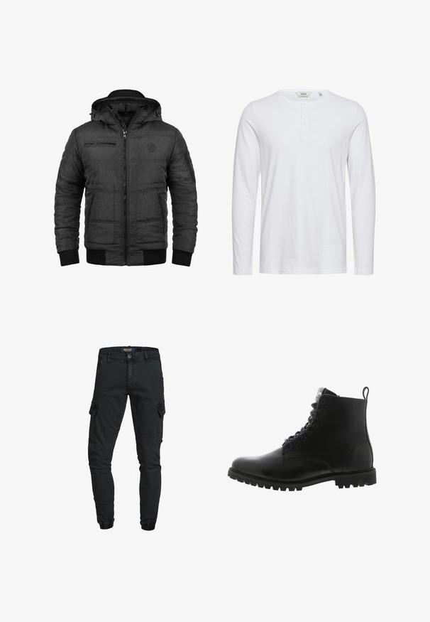 Veste noire matelassée avec fermeture éclair, capuche et poignets côtelés. Comprend deux poches latérales et une poche poitrine zippée. Texture lisse.; Chemise blanche à manches longues en coton avec un col rond, patte de boutonnage à cinq boutons et une texture lisse. Design simple et classique.; Pantalon cargo noir avec fermeture à bouton, passants de ceinture, poches à rabat latérales, coutures aux genoux et bas élastiques aux chevilles.; Bottine en cuir noir avec un bout rond, un laçage à l'avant, une semelle extérieure robuste et une languette à l'arrière pour un enfilage facile.