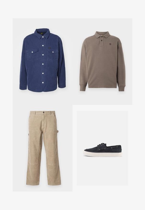 Marineblaues, gesteppte Hemdjacke mit zwei Brusttaschen, Druckknöpfen und einem klassischen Kragen. Verfügt über ein strukturiertes Muster und einen lockeren Schnitt.; Langärmliges Poloshirt aus dunkelbeigem Baumwollstoff, mit einer Knopfleiste mit zwei Knöpfen, gerippten Bündchen und einem kleinen, auf der Brust gestickten Logo.; Beige Cordura-Hosen mit geradem Bein, ausgestattet mit Seitentaschen und verstärkten Knieflicken. Strukturiertes Gewebe mit vertikalen Rippungen.; Nachtblaue Wildleder-Casual-Sneaker mit weißer Gummisohle, schwarzen Schnürsenkeln und Metallösen, von der rechten Seite vor einfarbigem Hintergrund gezeigt.