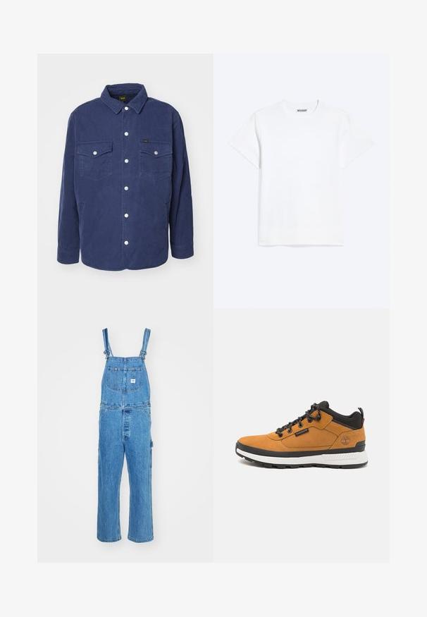 Marineblaues, gesteppte Hemdjacke mit zwei Brusttaschen, Druckknöpfen und einem klassischen Kragen. Verfügt über ein strukturiertes Muster und einen lockeren Schnitt.; Schlichtes weißes T-Shirt mit kurzen Ärmeln und Rundhalsausschnitt mit einem "WEEKDAY"-Label auf der Innenseite des Rückenkraus, dargestellt auf hellem Hintergrund.; Denim-Overalls mit verstellbaren Trägern, weitem Bein und einer Vordertasche mit Etikett. Hellblaue Farbe mit strukturierter Oberfläche.; Braune Wildleder-Sportschuhe mit schwarzen Akzenten, strukturiertem Stoff, Gummisohle und schwarzen Schnürsenkeln. Mit einem Logo an der Seite und einem gepolsterten Kragen.