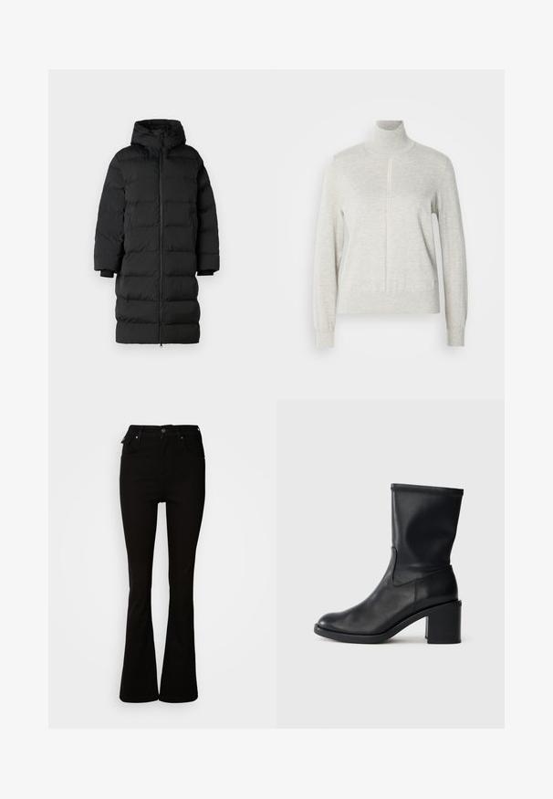 Doudoune noire avec capuche, présente une coupe longue et droite, des sections à piquages horizontaux et des poignets élastiques. Fermeture zippée à l'avant.; Pull léger gris avec un col haut et une fermeture éclair quart. Fabriqué à partir d'un matériau doux et texturé, il présente des manches longues et un ourlet ajusté.; Jean noir évasé en denim, avec une taille haute, des poches avant, et un design classique à cinq poches avec des accents en métal.; Botte en cuir noir à cheville avec un bout rond, texture lisse et un talon épais, présentant un tige ajustée et un subtil détail de couture.