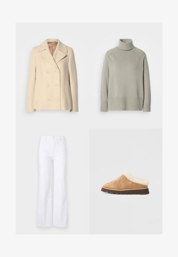 Dobbeltbrystet beige uldfrakke med spidse kraver, fremtrædende syninger, sidelommer og strukturstof. Foret inderside.; Lys grå strikket turtleneck sweater med lange ærmer og ribbede manchetter og kant, vist på en ensfarvet hvid baggrund.; Hvide flared jeans lavet af denim, med høj talje, forlommer og knaplukning. Glat tekstur og rene linjer.; Brune ruskinds slippers med en fluffy creme fleeceforing og en tekstureret brun gummisål. Har en spidse tå og diskrete syningsdetaljer.
