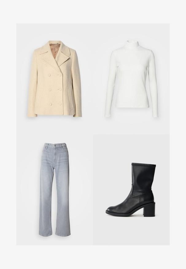 Dobbeltbrystet beige uldfrakke med spidse kraver, fremtrædende syninger, sidelommer og strukturstof. Foret inderside.; Hvid ribbet turtleneck blouse med lange ærmer, lavet af elastisk stof. Har et tætsiddende design og høj hals for god dækning.; Lys grå vidde jeans med høj talje, lavet af denim. Har forlommer, lynlås og subtil falmen over det hele.; Sort læder ankelstøvle med rund tå, glat tekstur og en grov hæl, der har et tætsiddende skaft og subtil syning.