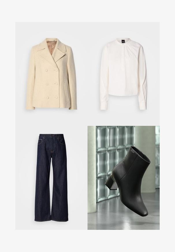 Dubbelzijdige beige wollen jas met pieklapels, opvallende stiksels, zijzakken en een gestructureerde stof. Gevoerde binnenkant.; Witte blouse met lange mouwen, een ronde kraag en knoopsluiting, met subtiele verticale strepen, weergegeven op een effen achtergrond.; Wijde donkerdenim jeans met een hoge taille, voorzien van steekzakken en subtiele stiksels. Glad textuur met een klassieke snit.; Zwarte leren enkellaars met blokhak, DKNY-logo nabij de bovenkant, getoond tegen een glazen blokmuur en gepolijste betonvloer.