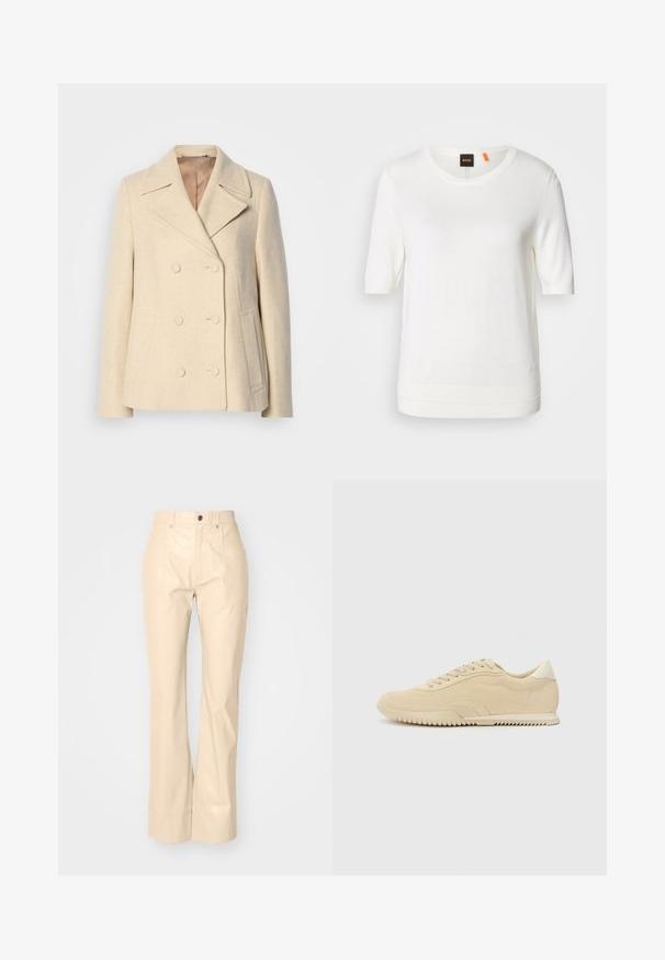 Dubbelzijdige beige wollen jas met pieklapels, opvallende stiksels, zijzakken en een gestructureerde stof. Gevoerde binnenkant.; Witte korte mouw gebreide top met een ronde halslijn, ribbelzoom en zachte textuur. Logotag met oranje accent bij de kraag.; Beige faux leren flarebroeken met een soepele textuur, voorzien van voorzakken, een knoopsluiting en een subtiele glansafwerking.; Beige nubuck sneaker met vetersluiting, gestructureerde bovenkant, contrasterende rubberen zool en een lichte hak. Minimalistische stijl met subtiele branding.