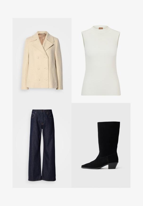 Dubbelzijdige beige wollen jas met pieklapels, opvallende stiksels, zijzakken en een gestructureerde stof. Gevoerde binnenkant.; Witte, mouwloze top met een hoge halslijn, met een geribbeld textuur en een getailleerd ontwerp. Merkenlabel "BOSS" zichtbaar op de kraag.; Wijde donkerdenim jeans met een hoge taille, voorzien van steekzakken en subtiele stiksels. Glad textuur met een klassieke snit.; Zwarte suede enkellaars met een spitse neus, een schacht van gemiddelde hoogte en een chunky hak. Heeft minimaal stikwerk en een gladde textuur.