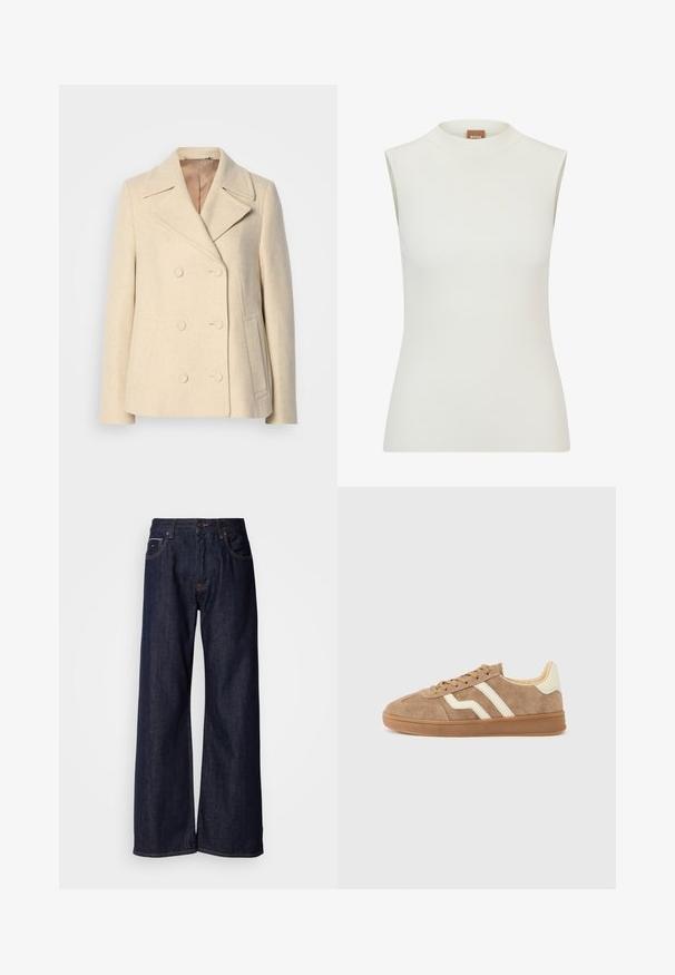 Dubbelzijdige beige wollen jas met pieklapels, opvallende stiksels, zijzakken en een gestructureerde stof. Gevoerde binnenkant.; Witte, mouwloze top met een hoge halslijn, met een geribbeld textuur en een getailleerd ontwerp. Merkenlabel "BOSS" zichtbaar op de kraag.; Wijde donkerdenim jeans met een hoge taille, voorzien van steekzakken en subtiele stiksels. Glad textuur met een klassieke snit.; Bruine suède sneaker met witte accentstrepen, ronde neus, beige binnenkant en rubberen buitenzool. Veters met textuur.