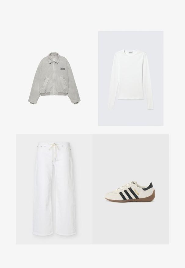 Veste en jean grise avec fermeture éclair à l'avant, col pointu, deux poches latérales et un petit logo sur la poitrine gauche. Finition douce et texturée.; T-shirt blanc uni à manches longues avec col rond et coupe slim, présenté sur un fond gris clair.; Pantalon blanc à jambes larges avec poches avant et cordon beige à la taille, présenté sur un fond uni.; Baskets blanches Adidas avec des rayures noires, une semelle texturée marron, et le lettrage doré "SPEZIAL" sur le côté, vues du côté extérieur.