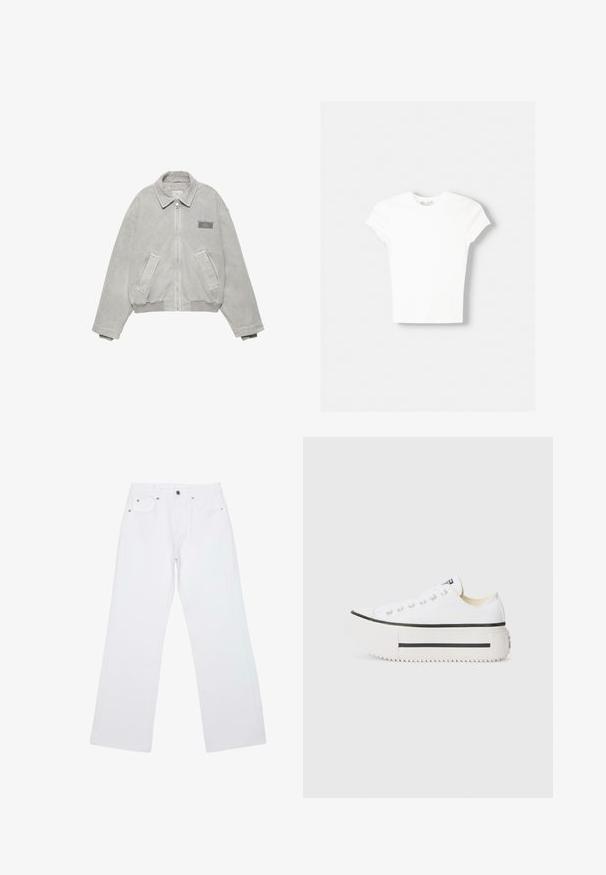 Veste en jean grise avec fermeture éclair à l'avant, col pointu, deux poches latérales et un petit logo sur la poitrine gauche. Finition douce et texturée.; T-shirt blanc à manches courtes en coton doux, avec un col rond et une coupe ajustée. Pas de motifs ni d'ornements visibles.; Jean droit blanc avec cinq poches, passants de ceinture et fermeture avant par bouton et zip, posé à plat sur un fond blanc.; Baskets platform blanches en toile avec semelle en caoutchouc noire, bout rond, et œillets en métal, présentant un design simple et épuré.