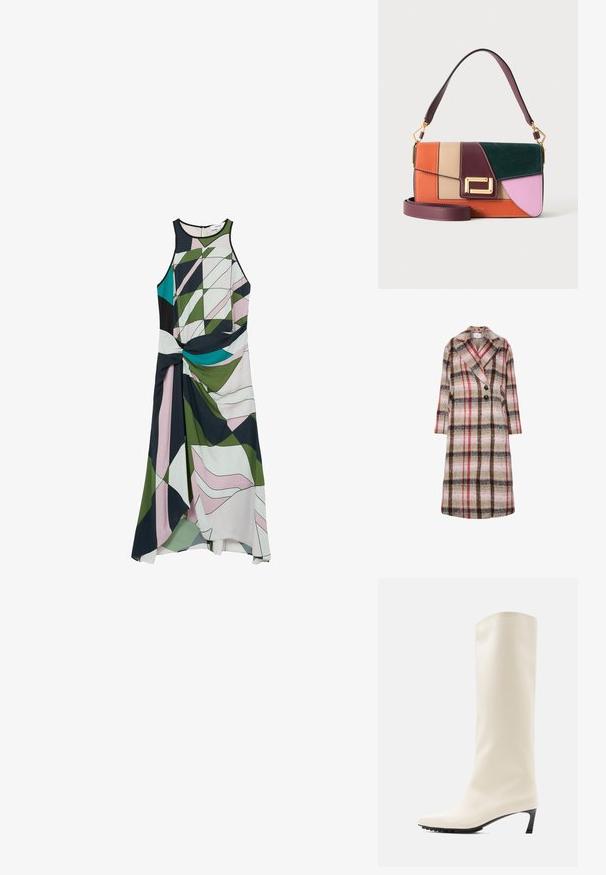 Abrigo largo de lana con patrón de cuadros en tonos beige, marrón, rojo y rosa, con solapas anchas, dos botones negros y bolsillos laterales.; Vestido hasta la rodilla con un patrón geométrico en verde, azul, rosa y blanco. Presenta un frente anudado y diseño sin mangas. Tejido suave.; Bota blanca hasta la rodilla hecha de material liso con punta puntiaguda y tacón negro delgado. Presenta un diseño limpio y una marca mínima.; Bolso de mano de cuero con bloques de color en naranja, beige, burdeos, verde y rosa con cierre dorado y dos correas burdeos, una corta y una larga.