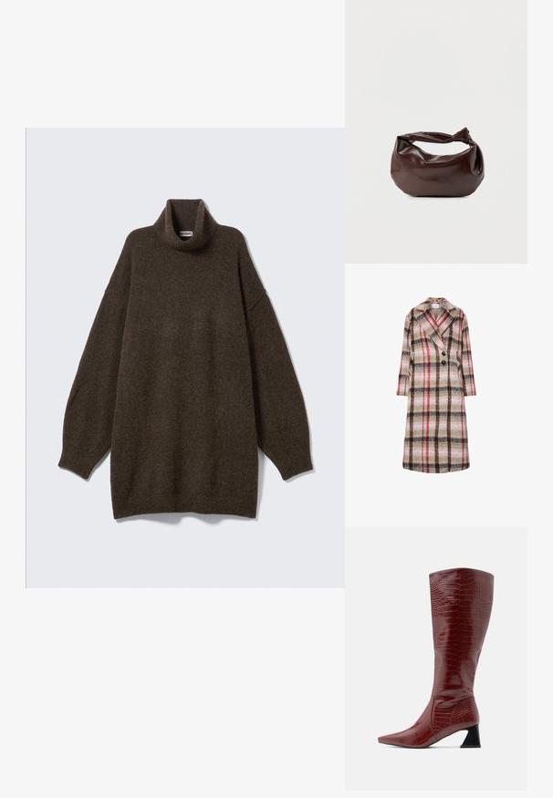 Abrigo largo de lana con patrón de cuadros en tonos beige, marrón, rojo y rosa, con solapas anchas, dos botones negros y bolsillos laterales.; Suéter marrón de cuello alto sobredimensionado con hombros caídos, cuello acanalado y tejido suave y texturizado. Diseño simple y relajado.; Botas rojas de cuero sintético con acabado tipo cocodrilo hasta la rodilla, con punta afilada y un acabado texturizado, que cuentan con un tacón angular negro.; Bolso de hombro de cuero marrón oscuro con una forma suave y caída, y un asa con nudo torcido sobre un fondo blanco liso.
