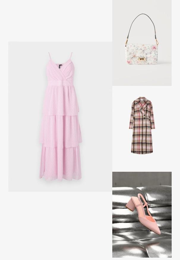 Lange wollen jas met een beige, bruine, rode en roze ruitpatroon, brede revers, twee zwarte knopen en zijzakken.; Roze, gelaagde maxi-jurk met spaghettibandjes, featuring een wikkelbovendeksel en een stippenpatroon in een lichte, gestructureerde stof.; Roze laars met blokhak en enkelband zwevend boven een glanzend zilveren, gekussende leren ondergrond.; Witte leren handtas met pastelbloemenprint, sluiting met goudkleurige draaivergrendeling en korte afneembare riem op een effen witte achtergrond.