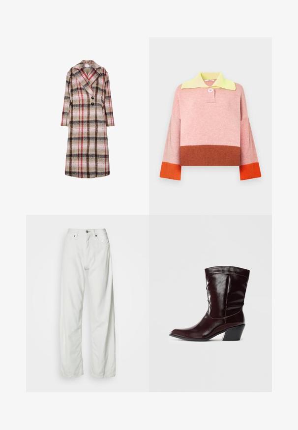 Abrigo largo de lana con patrón de cuadros en tonos beige, marrón, rojo y rosa, con solapas anchas, dos botones negros y bolsillos laterales.; Suéter de punto de manga larga con cuello amarillo, parte superior rosa, sección media marrón y puños naranja, con un botón rosa en el cuello.; Pantalones vaqueros blancos de pierna ancha hechos de mezclilla, con cierre de botones y diseño de cinco bolsillos. Textura suave con detalles mínimos de costura.; Botines de cuero burdeos con punta afilada, superficie texturizada y tacón bajo cónico. Presentan costuras sutiles y un ajuste ceñido.