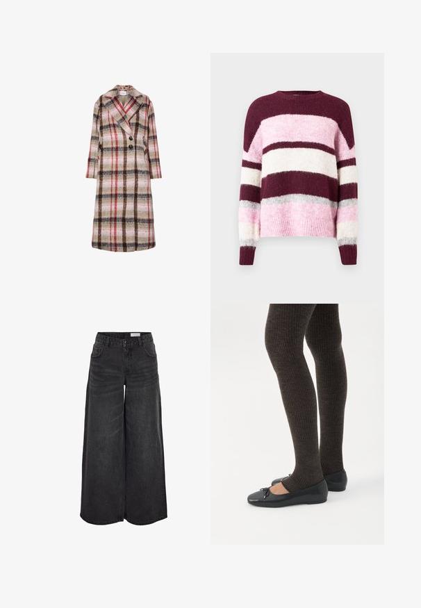 Lang uldfrakke med beige, brun, rød og pink ternet mønster, brede klapper, to sorte knapper og sidelommer.; Lilla og rosa stribet sweater med en rund halsudskæring. Fremstillet af blødt, tekstureret stof. Har vandrette striber i forskellige farver.; Bredde ben sorte denimshorts med høj talje, forlommer og subtil tekstur; designet til en afslappet pasform.; Ben iført mørke ribbede leggings kombineret med sorte balletsko med små sløjfedetaljer på hvid baggrund.
