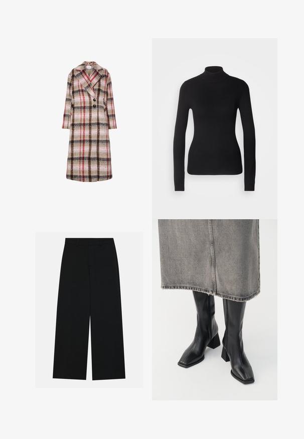 Lang uldfrakke med beige, brun, rød og pink ternet mønster, brede klapper, to sorte knapper og sidelommer.; Sort turtleneck sweater lavet af let strikket stof. Har lange ærmer, et tætsiddende design og en blød ribbet tekstur.; Breddebenede sorte bukser lavet af et glat stof. Har en flad talje med bæltestropper og ingen synlige lommer. Simpelt design.; Sorte knæhøje støvler i glat læder med firkantet tå og blokeret hæl. Båret med en grå denimnederdel med flosset kant.