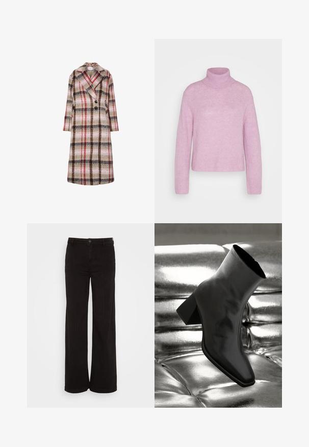Lange wollen jas met een beige, bruine, rode en roze ruitpatroon, brede revers, twee zwarte knopen en zijzakken.; Mos Mosh THORA ROLLNECK - Trui - lavender herb; American Eagle BAGGY WIDE LEG - Wide leg - black wash; Zwarte enkellaarsjes van glanzend materiaal met een vierkante neus en taps toelopende hak, afgezet tegen een glanzende zilveren gecapitonneerde achtergrond.