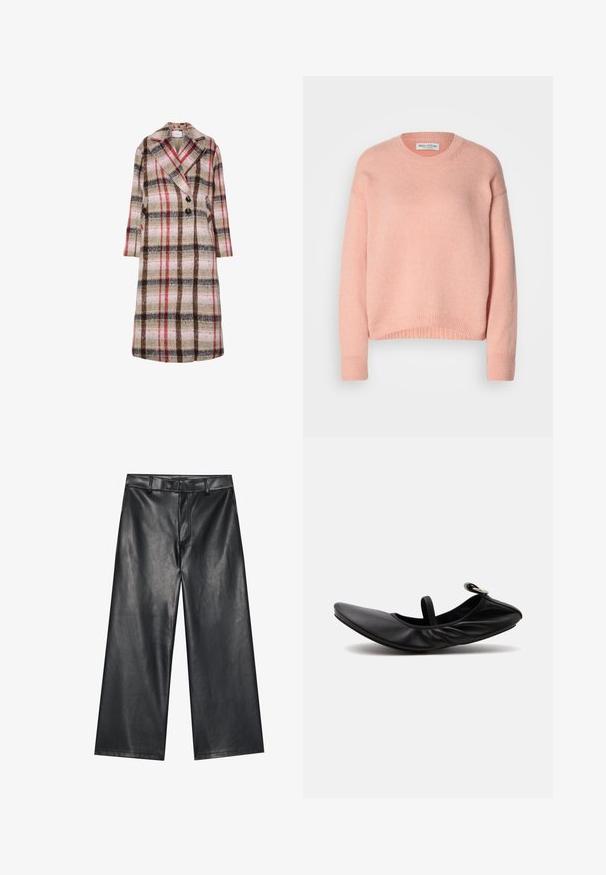 Lang uldfrakke med beige, brun, rød og pink ternet mønster, brede klapper, to sorte knapper og sidelommer.; Lys pink, strikket sweater med rund hals, sænket skuldre og ribbede manchetter og kant. Blød tekstur, afslappet design.; Sorte læder bukser med brede ben og en glat tekstur, bæltestropper og en frontlynlås. Har en løs pasform og rene syninger.; Sort foldet læder balletsko med en enkelt rem og sølvspænde på en ensartet lys baggrund.