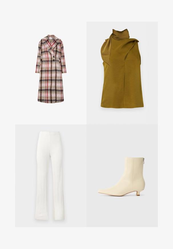 Lange wollen jas met een beige, bruine, rode en roze ruitpatroon, brede revers, twee zwarte knopen en zijzakken.; Mouwloze olijfgroene top met hoge hals en aangehechte sjaaldetail die over één schouder gedrapeerd is, plat weergegeven op een witte achtergrond.; Witte flare-broek gemaakt van textuurstof met verticale ribbels. Elastische tailleband, geen zichtbare sluitingen of zakken.; Beige enkellaars van glad leer, met een spits toelopende neus, een korte blokhak en een ritssluiting aan de zijkant voor gemakkelijk aan- en uittrekken.